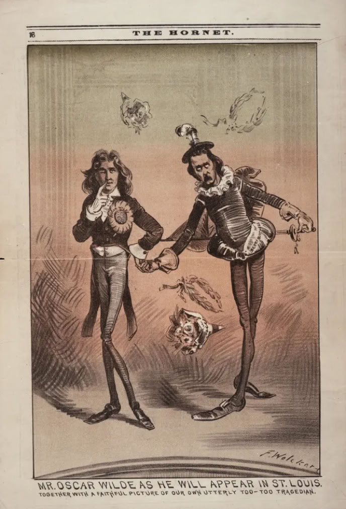 1882 American newspaper clipping satirizing Oscar Wilde's presence and lecture reception in St. Louis.