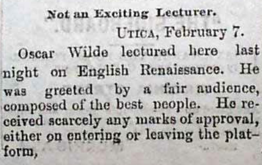 Newspaper report Reno Evening Gazette, February 7, 1882. Oscar Wilde lecture