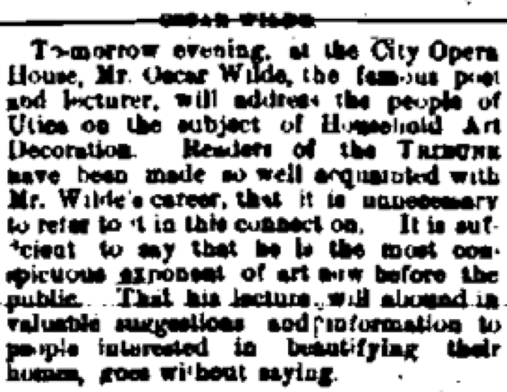 Newspaper report Utica Sunday Tribune, February 5, 1882. Oscar Wilde lecture