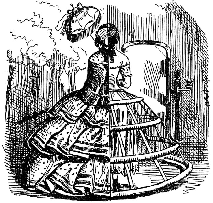 Historical illustration demonstrating restrictive Victorian crinoline fashion and corset undergarments.